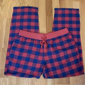 LL Bean 100% Cotton Flannel Pajama Pants w Drawstring Coral Blue Checkered Large